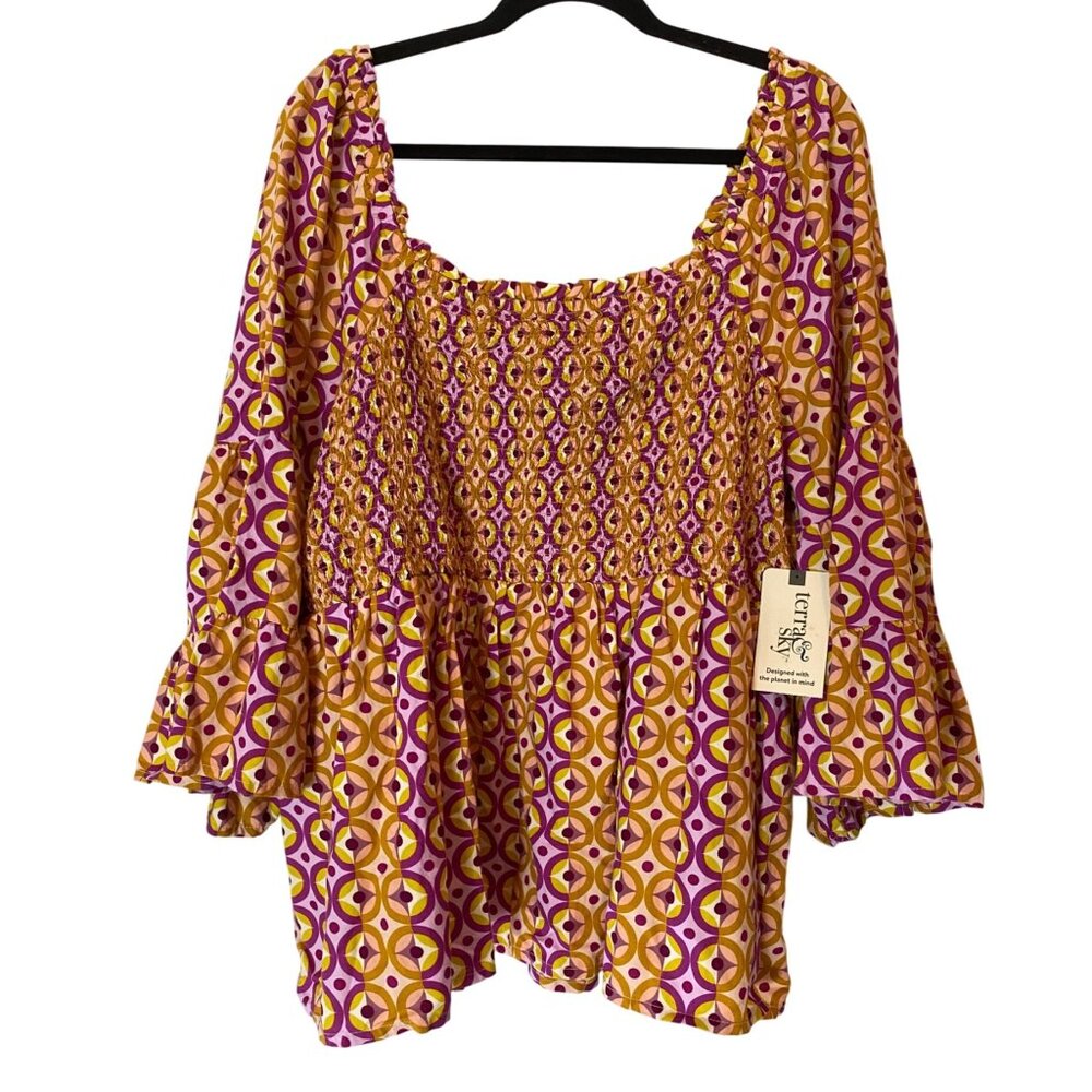 NWT Terra & Sky Boho Peasant Top Multi-Color 2X